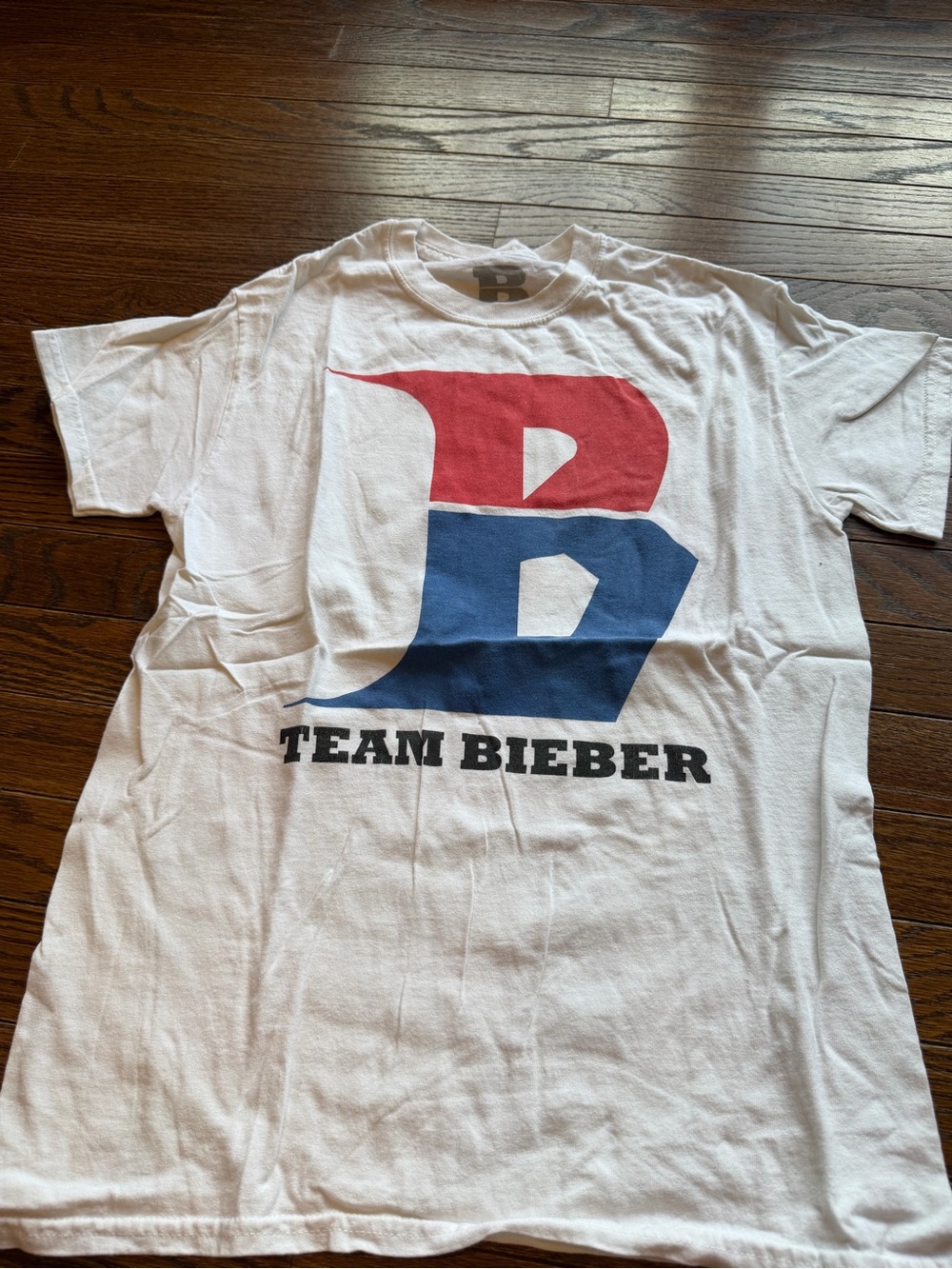 Justin Bieber White Tee with Red and Blue 'B' Logo - Team Bieber Print
